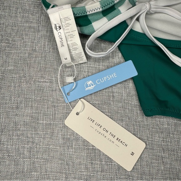 Cupshe Gingham Lace Up One Piece Swimsuit Green White Print Medium NWT - Picture 10 of 11